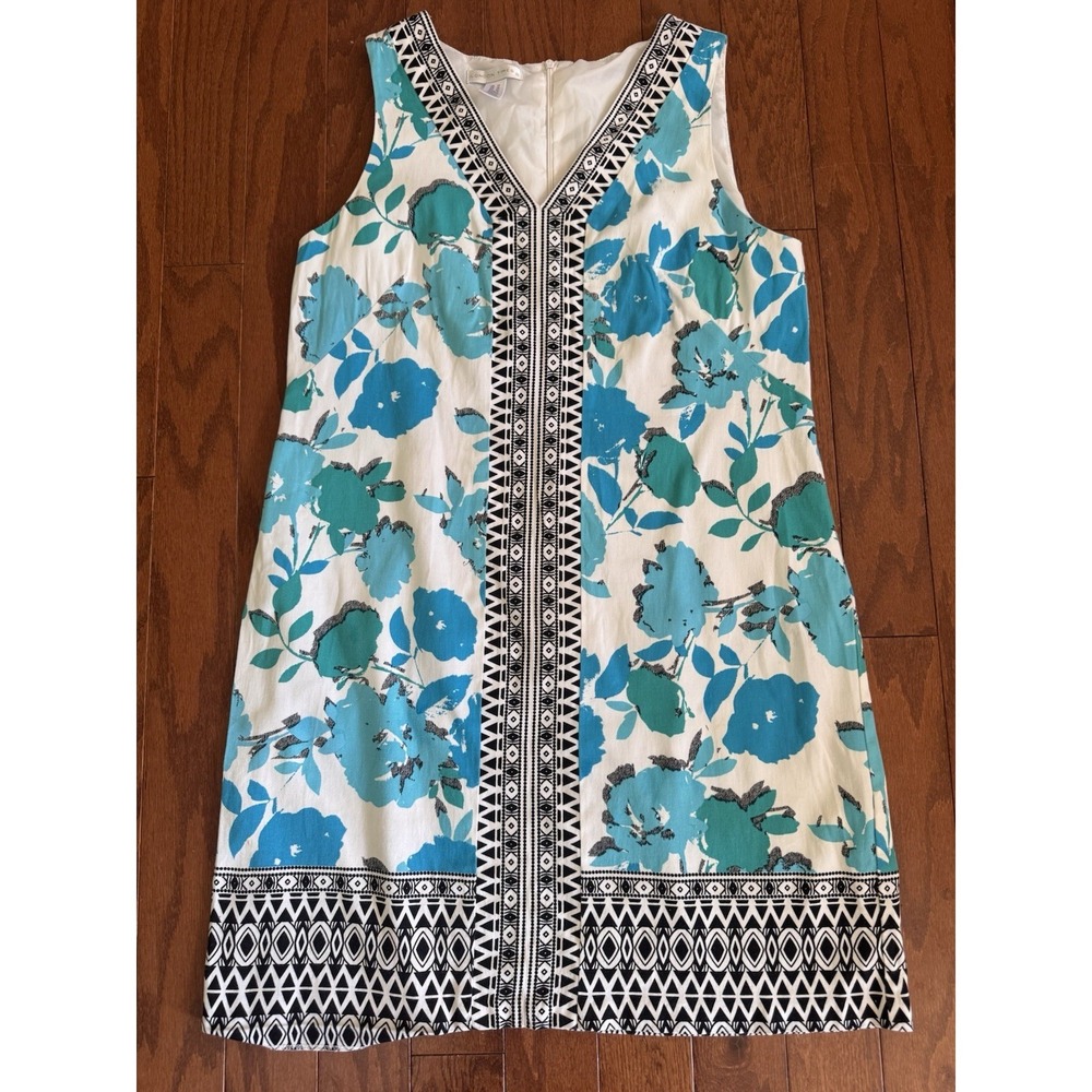 London Times Women's Blue Floral‎ V-Neck Sleeveless Shift Dress Size 14